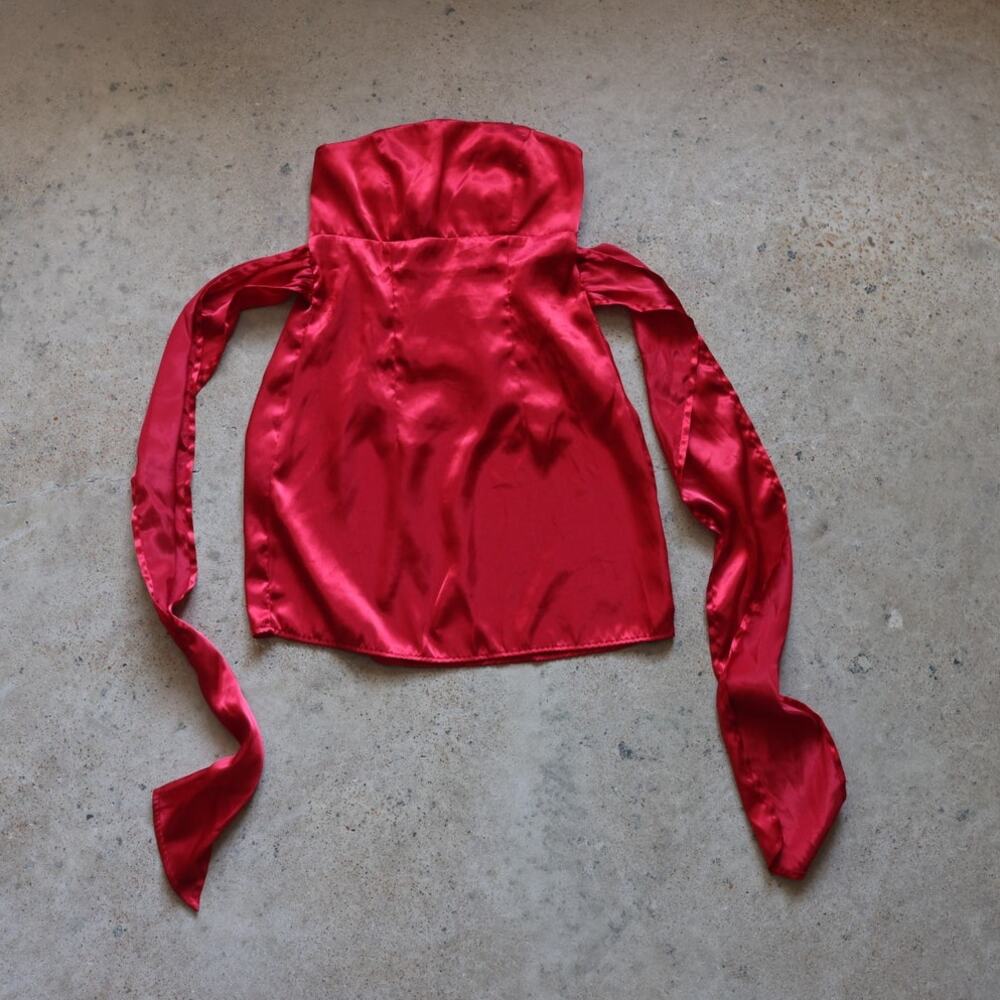 Vintage Y2K Red Satin Strapless Bow Back Mini Dress S Wet Seal